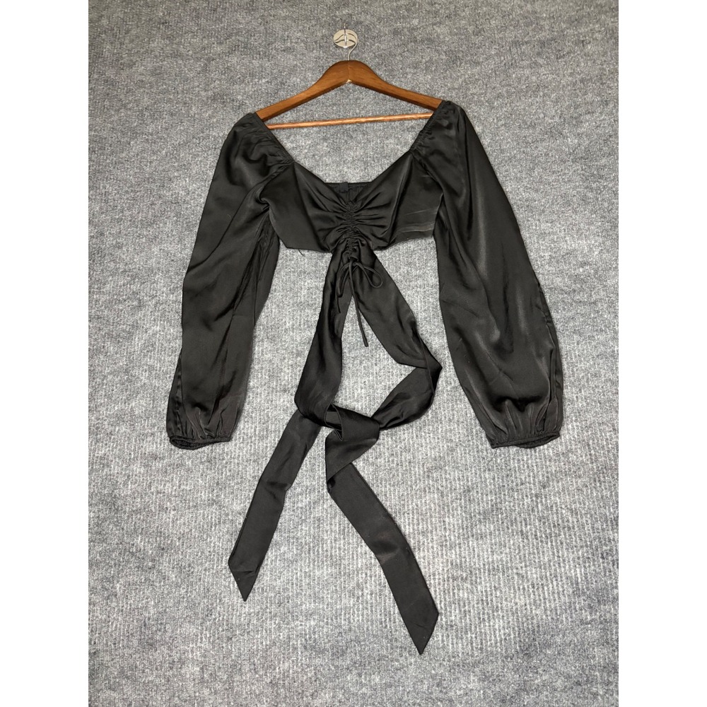 Women's Black Satin Tie Front Crop Top Puff Sleeve Ruched Blouse Size L